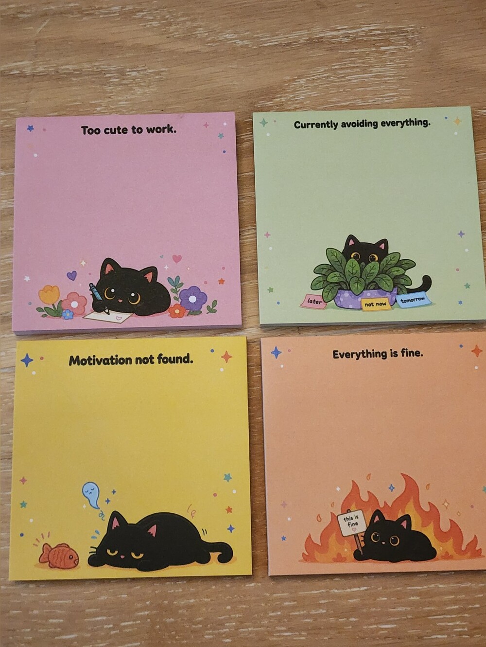 Buyer's Choice Silly Cute Black Cat Sticky Notes- Pink, Green, Yellow, Orange